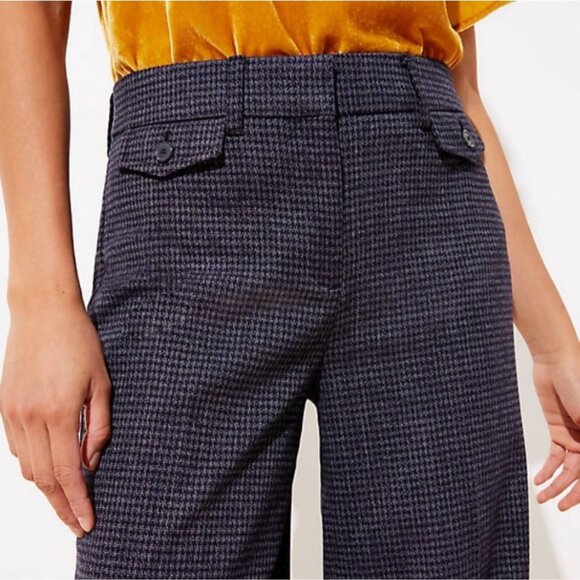 NEW Loft Wide-Leg High-Rise Herringbone Navy Button Front Trousers Pants Size 10 - Picture 3 of 13